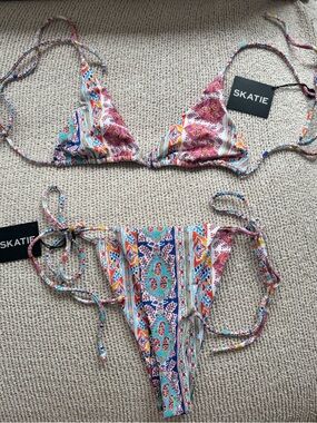 Skatie Pink Blue Paisley Tie-Side Bikini